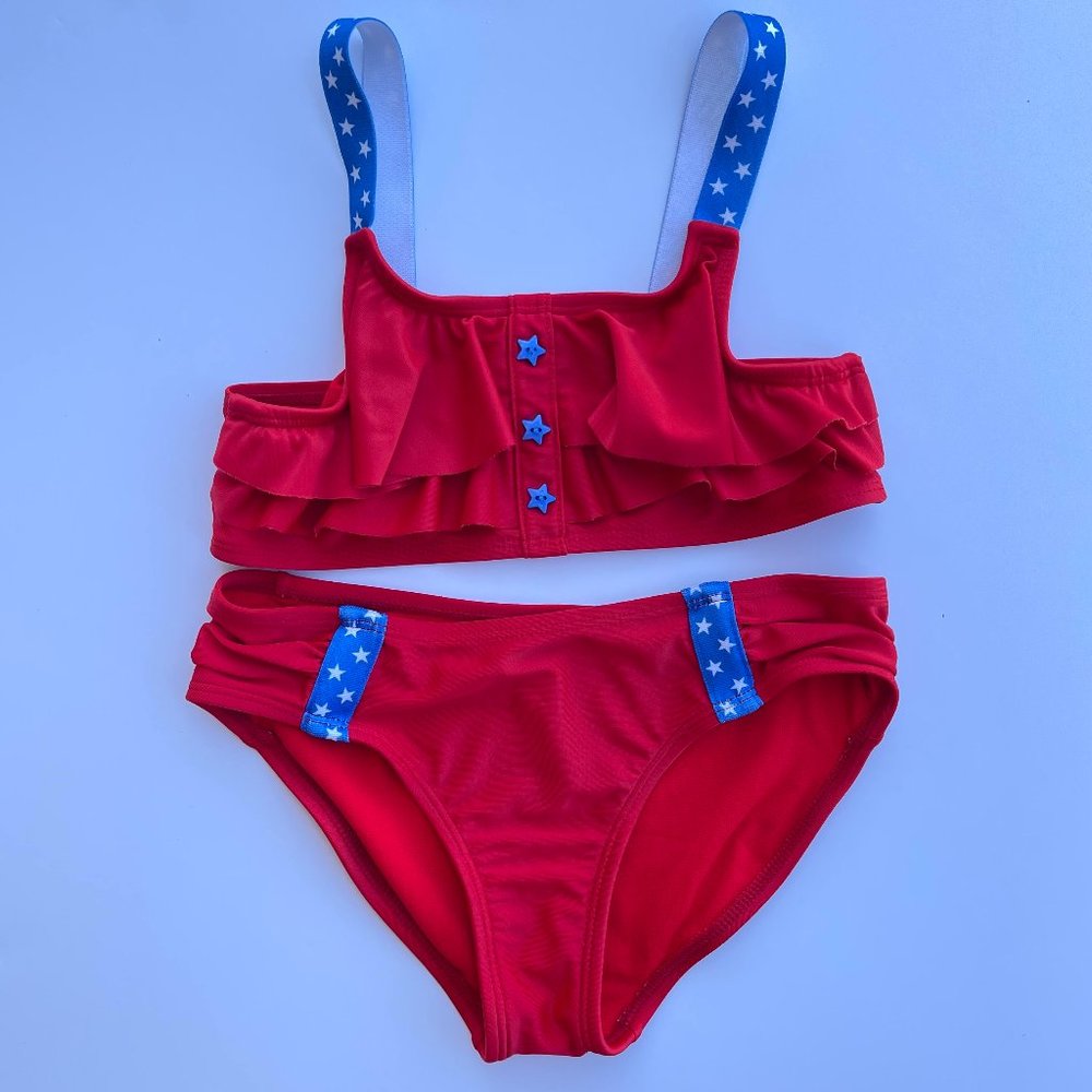 Cat & Jack Red white and blue 2 piece swimsuit bikini Girls M (7/8)